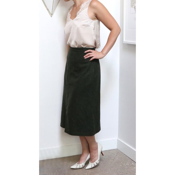 Vintage 80s Long Forest Green Wool Midi Skirt w/ Single Pocket, Olive Green - Picture 4 of 9